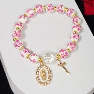 Pink Floral Ceramic Miraculous Medal Bracelet Virgin Mary Catholic Prayer Gift